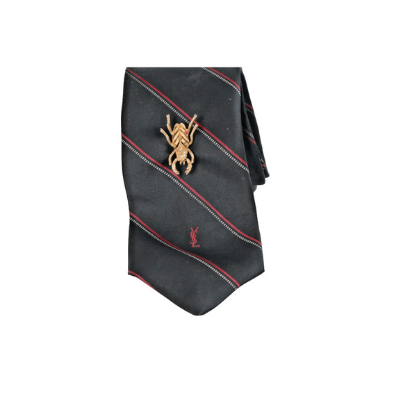 Vintage YSL Yves Saint Laurent Red Striped Silk Tie w/ Gold Brooch Motif - Picture 1 of 10